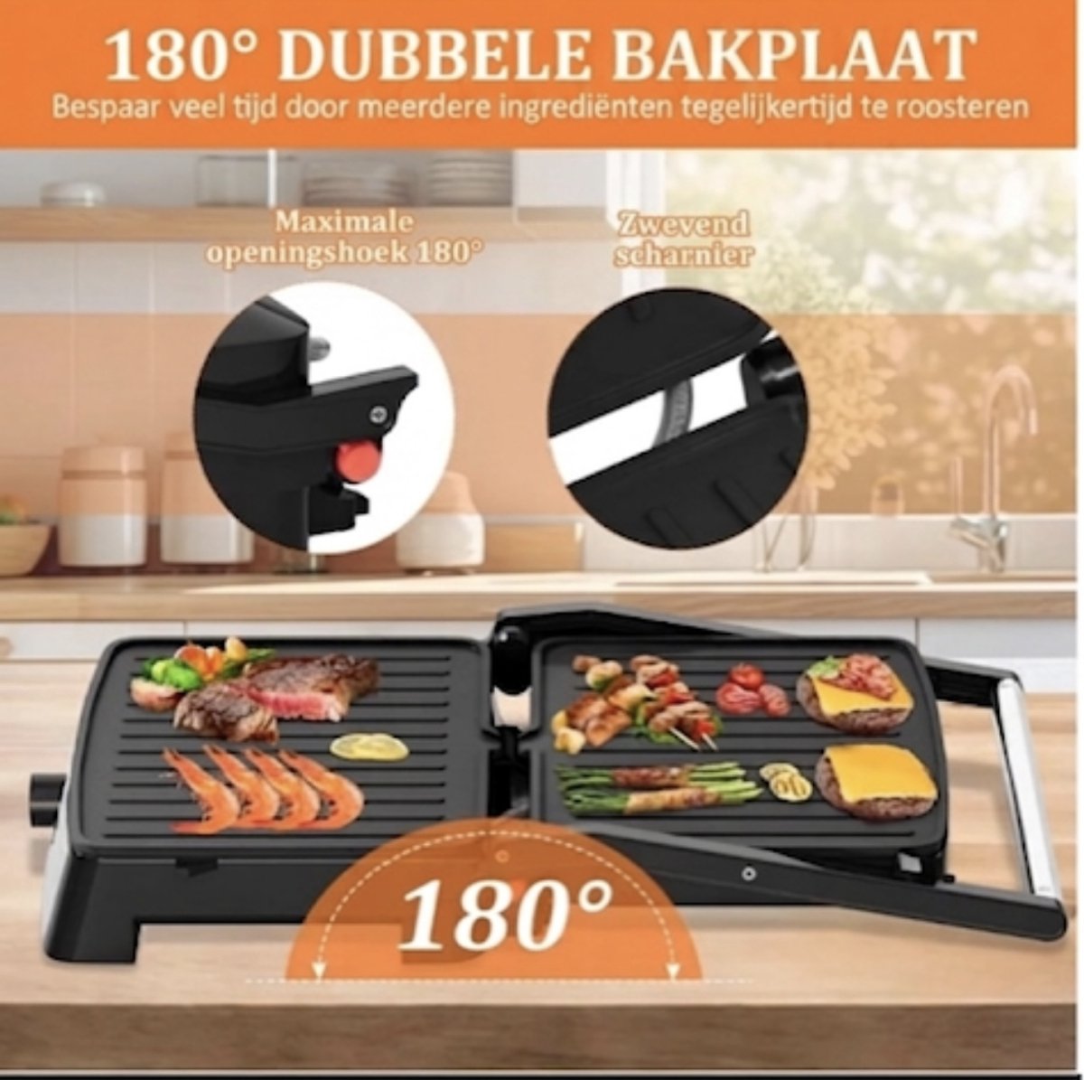 HOMELUX Tosti apparaat - 3 in 1 Multifunctionele grill voor panini's - 34x23CM - 2200W - Contactgrill Steaks en sandwiches - Sandwichmaker - Panini-grill en broodrooster thumbnail 5