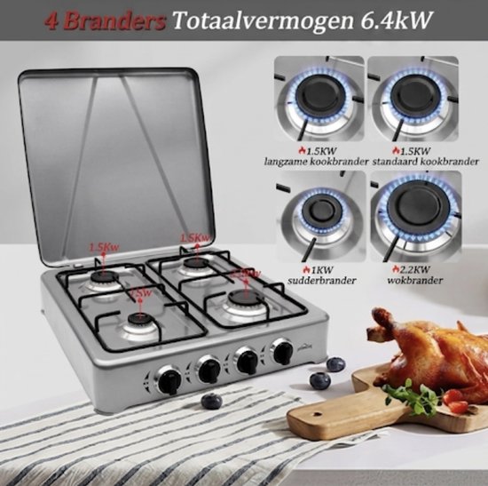 HOMELUX 6,2 kW gasfornuis - 4 branders verschillende maten - Campingkookplaat met deksel - Met slang en 50mbar drukregelaar - Gasfornuis voor buiten - Grijs — afbeelding 3