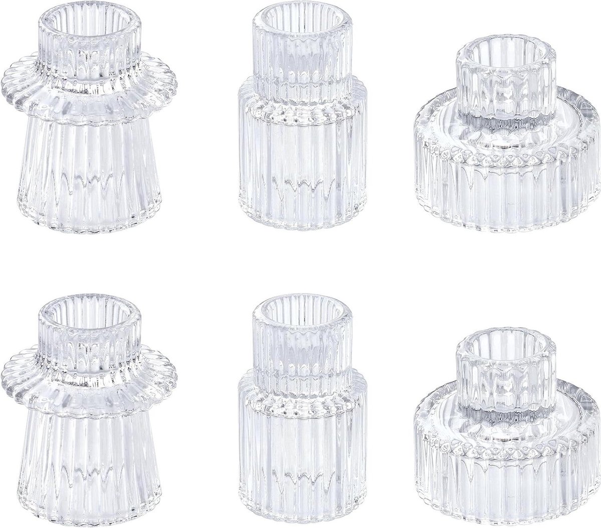 Glazen Kandelaars - Theelichthouders Set - Sfeervol Dineren - Verticaal Gestreept Design - 6 Stuks - Helder