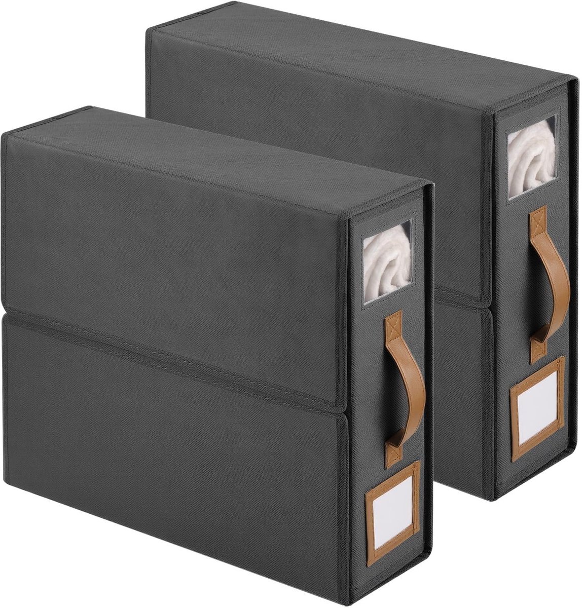 BRENZOOS- Beddenorganizer Set van 2 - Opvouwbaar - Opslag voor Lakens/Dekbedovertrekken - Handvatten - Transparante Vensters - Grijs - Opbergdozen