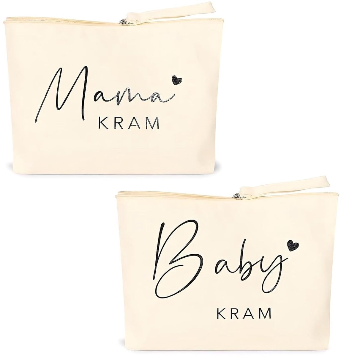 BRENZOOS- Make-up Tas Set van 2 - Linnen Zakken "Mama Kram"/"Baby Kram" - Perfect Cadeau Babyshower - Beige - Hoogwaardig Canvas - Afmetingen 23 x 16 x 5 cm - Toilettas