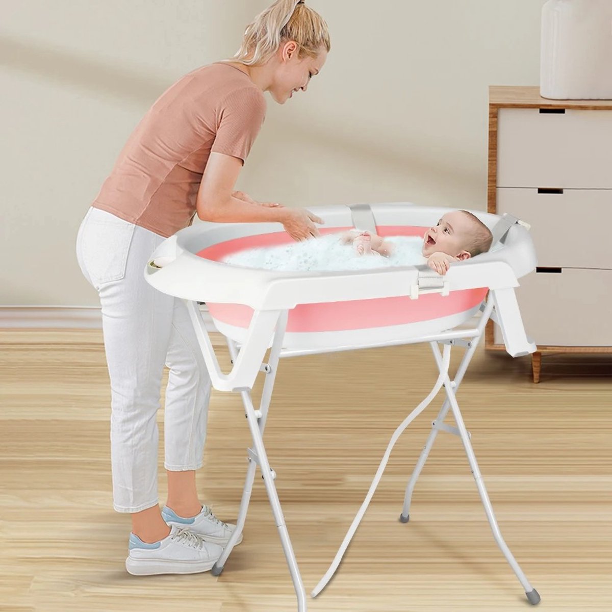 BRENZOOS - Dailygoods Opvouwbaar babybadje met standaard, thermometer, badkussen en badmuts, babybadje met afvoersysteem, PP en TPE