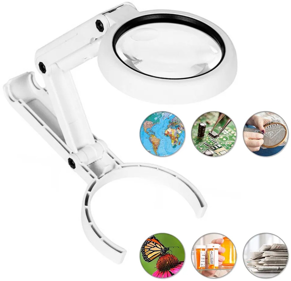 LED-vergrootglas, 11x/5x, opvouwbaar bureau-/handvergrootglas met 8 LED-lampjes, oplaadbaar, 75 mm diameter, Geschikt voor lezen, repareren, sieraden en het bewonderen van antiek.