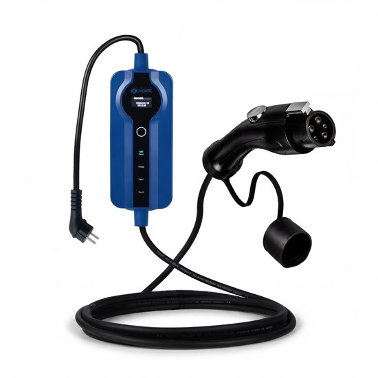 Blauwe Voldt laadkabel met Schuko stekker en Type 1 laadstekker.