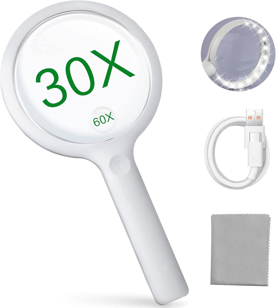 Vergrootglas met Verlichting - Leesloep voor ouderen - Loep met LED verlichting - 30x Hoofdlens en 60x DetailLens - USB Oplaadbaar - Leesloep - Loep - 3 Lichtstanden - Wit
