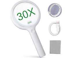 Vergrootglas met Verlichting - Leesloep voor ouderen - Loep met LED verlichting - 30x Hoofdlens en 60x DetailLens - USB Oplaadbaar - Leesloep - Loep - 3 Lichtstanden - Wit