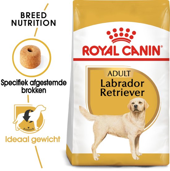 Voerzak Royal Canin met afbeeldingen van een brokje, een labrador en de tekst 'Specifiek afgestemde brokken'