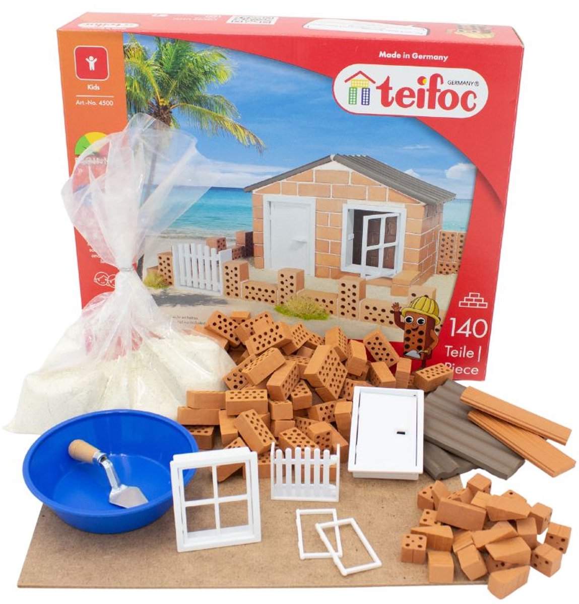 Teifoc® Bouwdoos – Strandhuis – 140 onderdelen – Echte mini Bakstenen met Cement, Kom en Troffel – Bouwpakket voor kinderen vanaf 6 jaar
