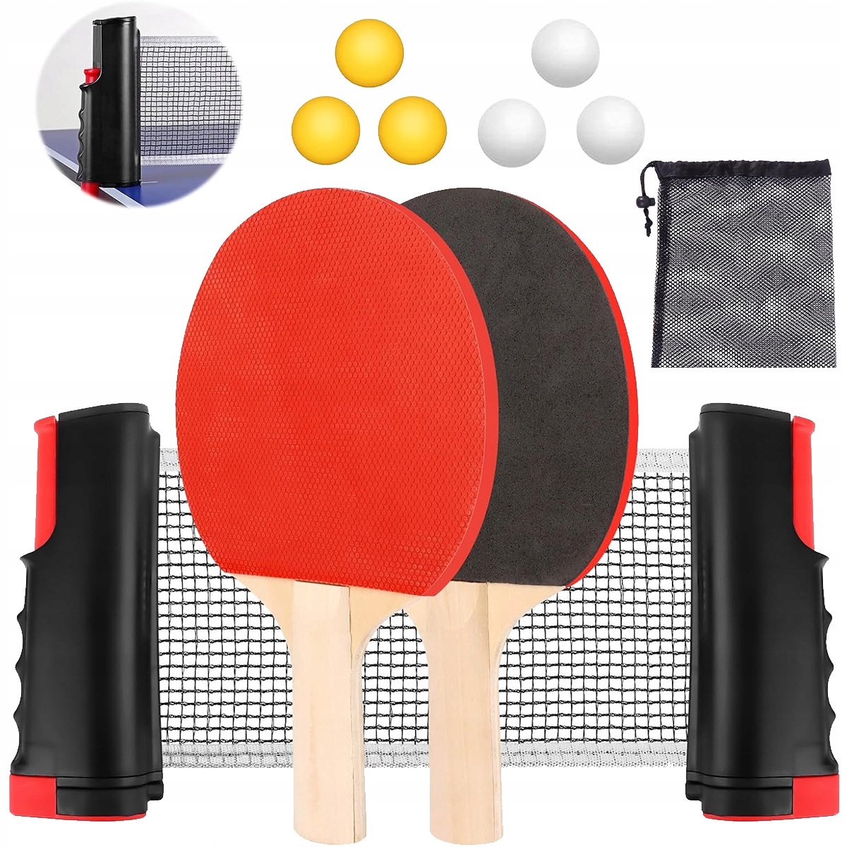 Complete Tafeltennisset: 2 Batjes, 6 Ballen, Net & Tas