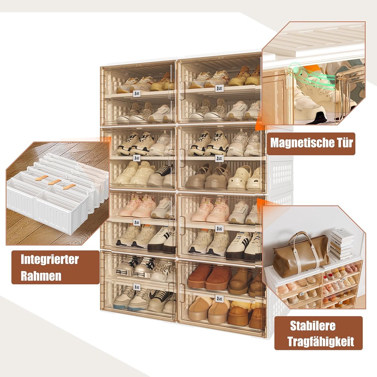 Schoenenkast Opvouwbaar Groot – House&Garden Transparante Stapelbare Schoenendozen 8 Lagen Extra Breed 96 cm – Schoenen Organizer 32 Paar met Magnetische Deur – Stofdicht Schoenenrek Vrijstaand Bruin
