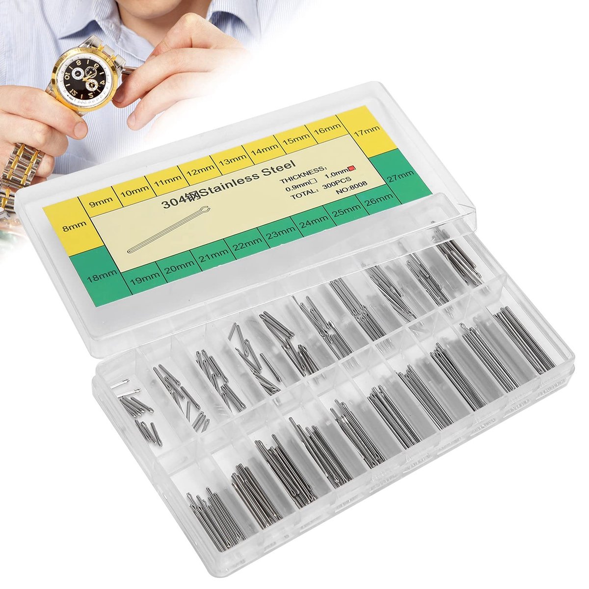 Dailygoods- Horlogesplitpen 300 stuks - Roestvrij Staal - Vervangen van beschadigde splitpennen - Dikte 1 mm - Lengte 8-27 mm - Assortiment horlogeonderdelen