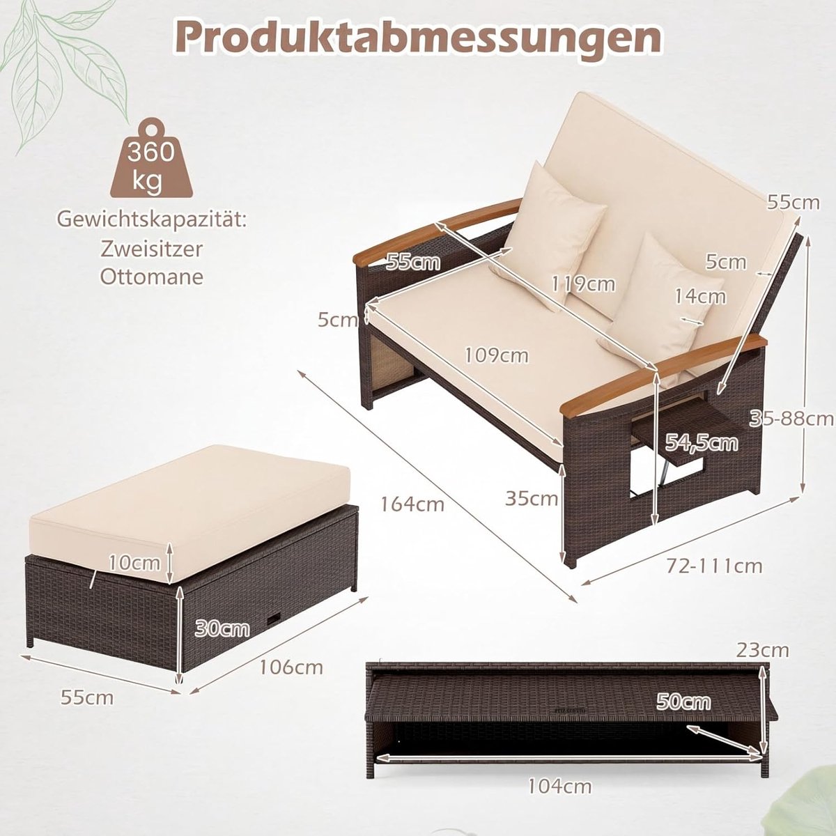 Luxe Dubbele Polyrattan Lounge Ligbank met Verstelbare Rugleuning en Zijtafels – 2-persoons Sunbed met Kussens en 4 Standen Verstelbaar 181 x 167 x 60 cm