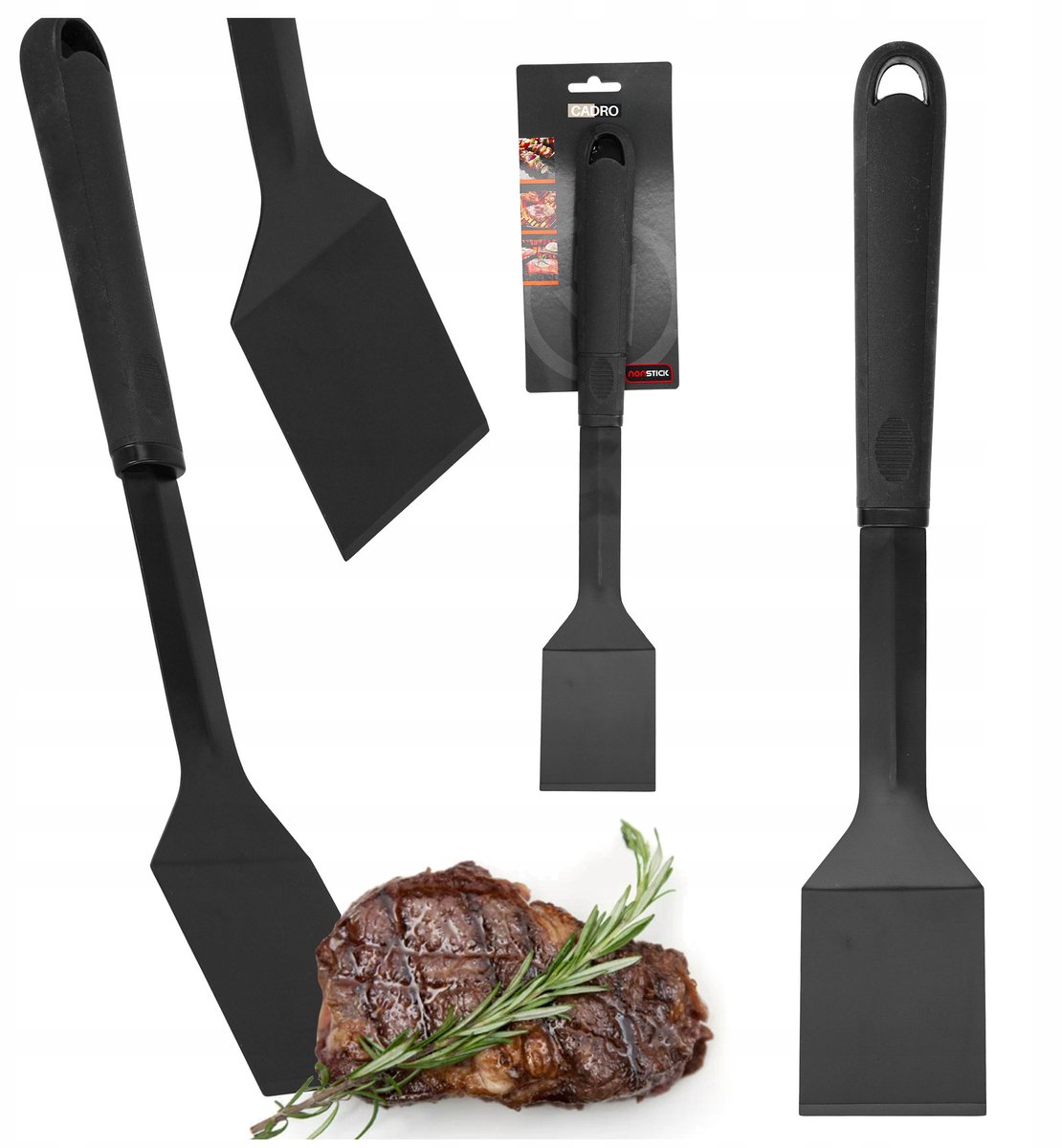 Stevige BBQ-spatel 40 cm, RVS met antiaanbaklaag, Zwart