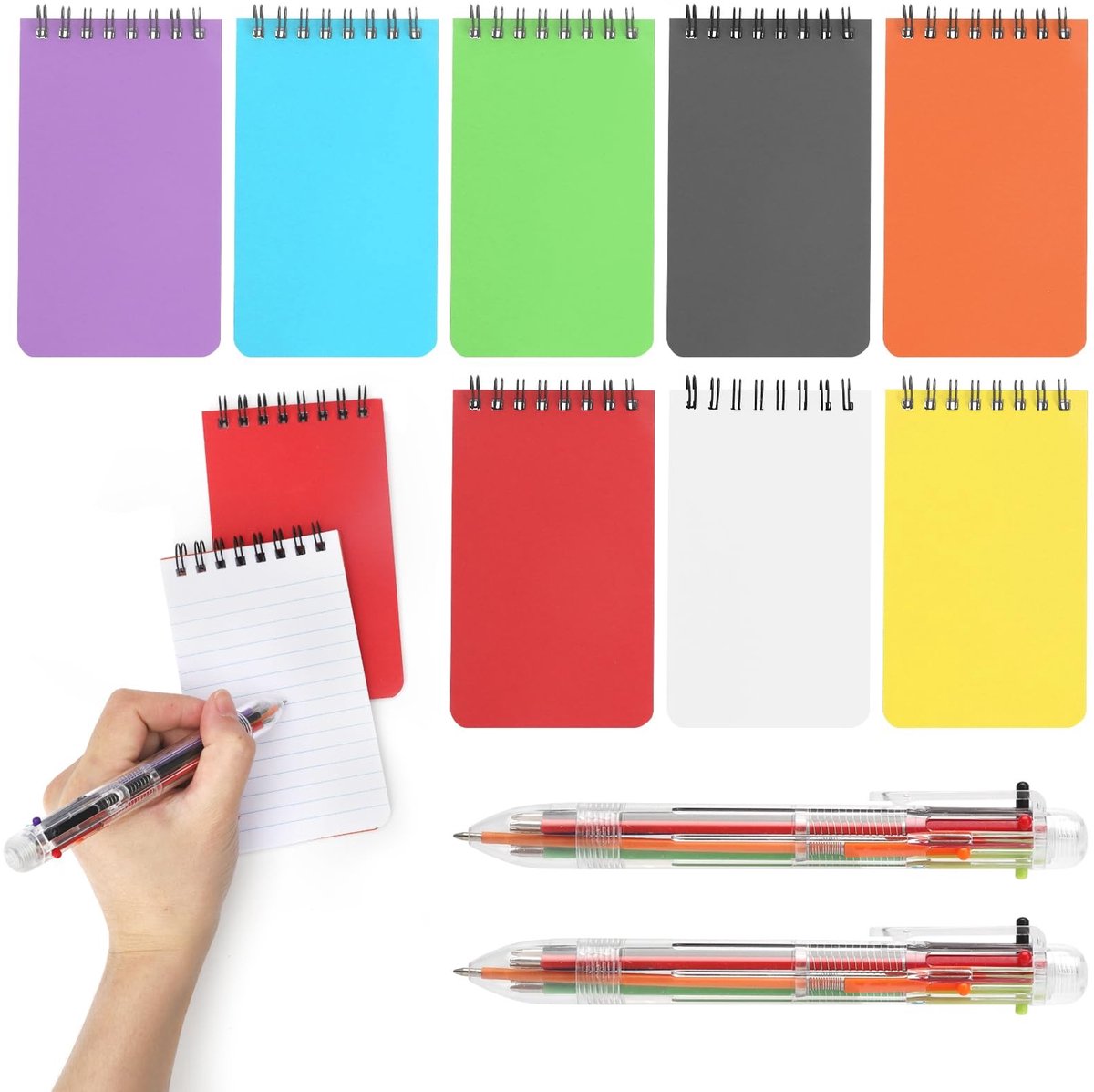 Dailygoods- Notitieblok A7 - 8 Stuks - Veelkleurig - Spiraalbinding - Zaknotitieboek - Inclusief 2 Gekleurde Balpennen - 7,6 x 12,6 cm - Notitieboekje