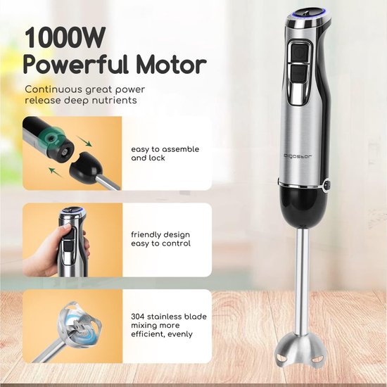 Staafmixer 4-in-1 - Keukenmixer set - Maaltijden Bereiden - Krachtige 1000W motor - 500 ml hakmolen - Zilver — afbeelding 3