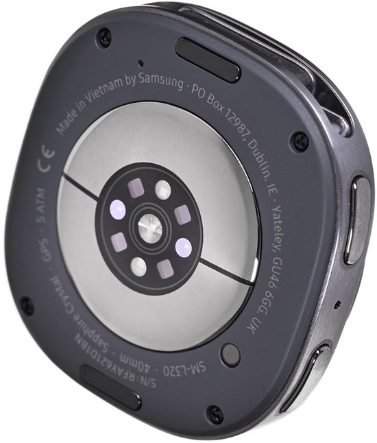 Achterkant van donkergrijze smartwatch met sensoren.