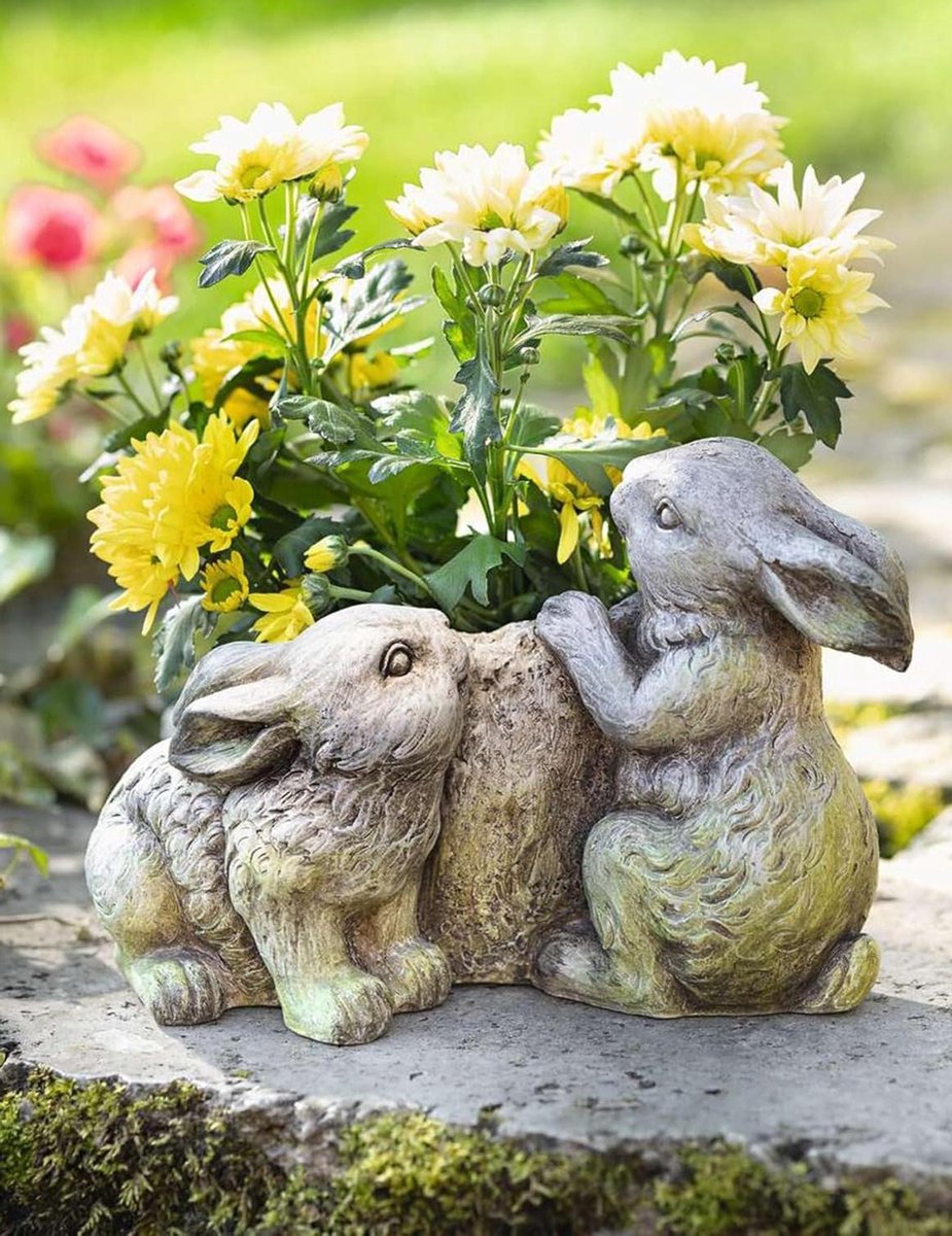 Plantenpot met haas - Bloempot decoratie - Tuin decoreren - Steenlook hars - 29 x 20 x 20 cm - Grijs