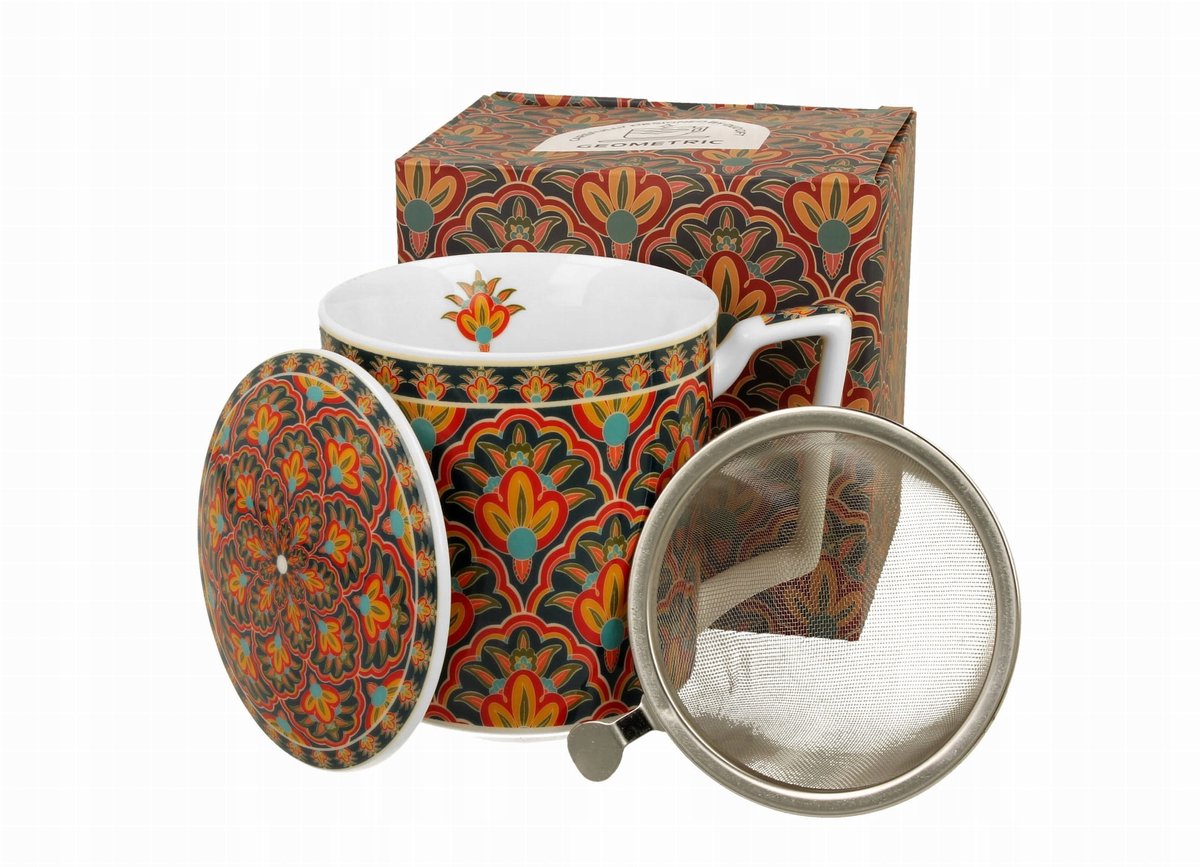 FESTUM DUO Mok met Infuser 400ml - Porselein, Geometrische Bloemendessin