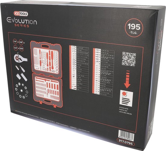 Zwarte doos met "KS TOOLS Evolution Series 195 -TLG-" opdruk. Bevat opengeklapte gereedschapskoffer met diverse doppen en ratels.