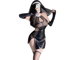 Sexy Nonnen Pakje - 3-Delig Non/Zuster Kostuum Rollenspel - Cosplay & Roleplay - Anime - Latex-look - Jurk, Sluier en Handschoenen - Zwart - L