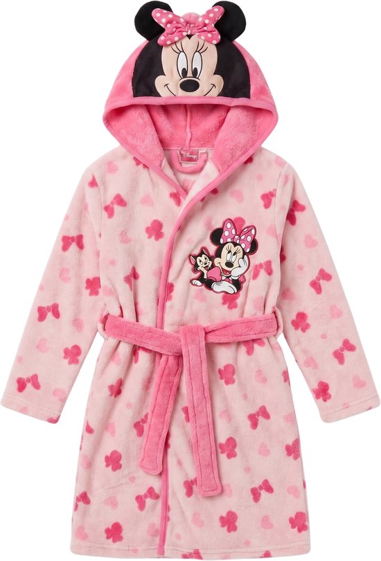Roze Minnie Mouse badjas met strikjesprint en capuchon met 3D Minnie Mouse oren.