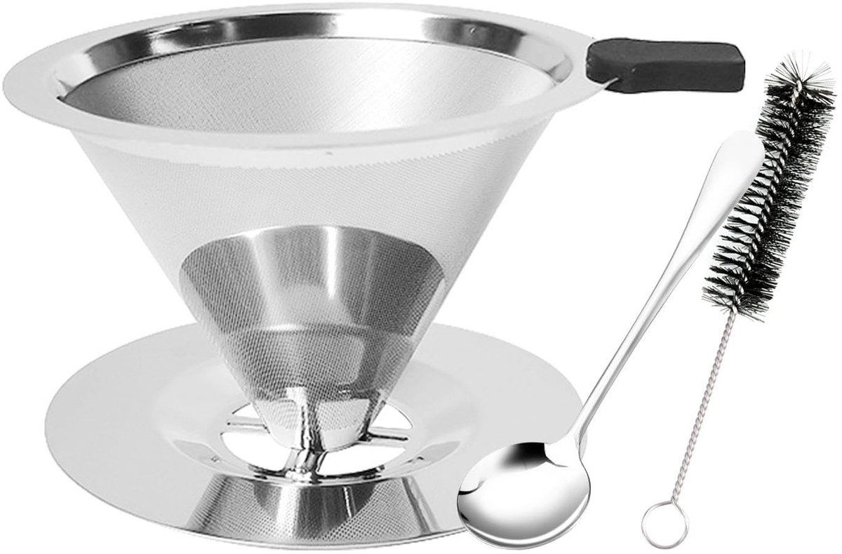 Dailygoods- Koffiefilter Roestvrij Staal - Herbruikbaar - Dubbel Gaas - Koffiedruppelaar - Inclusief Lepel/Borstel - Fijnmazige Filterstructuur