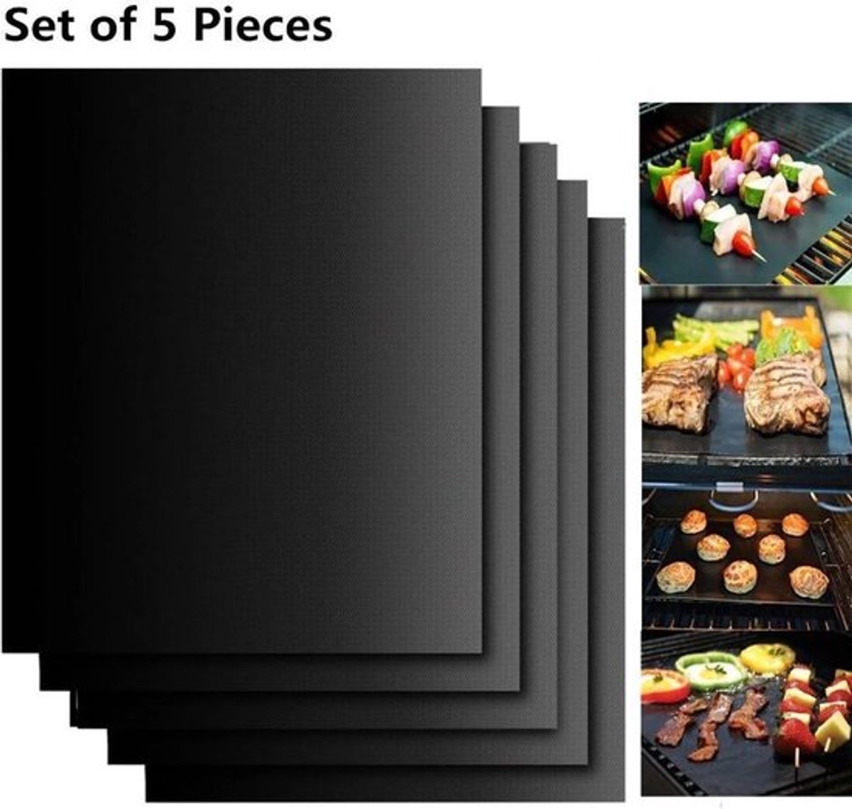 Een set van 5 kookmatten, waaronder een grillmat, een koekenpanmat en een bakplaat, geschikt voor gasovens, elektrische ovens, houtskoolovens en antiaanbakovens (33*40 cm).