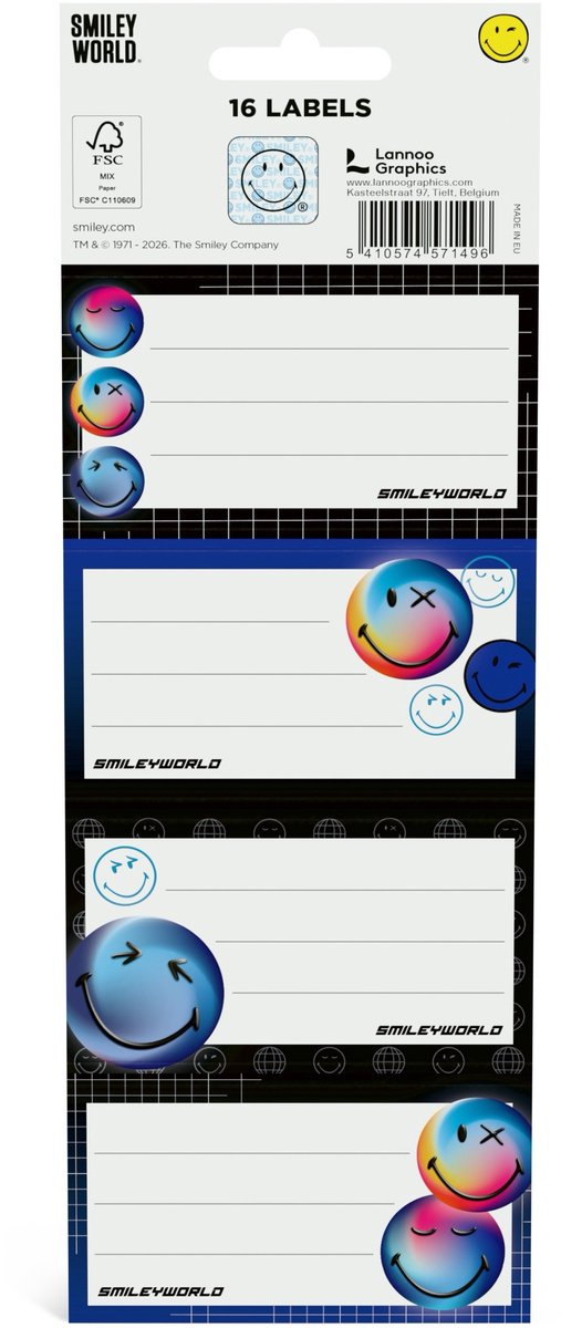 Smiley world Zelfklevende schooletiketten - set van 16 stuks