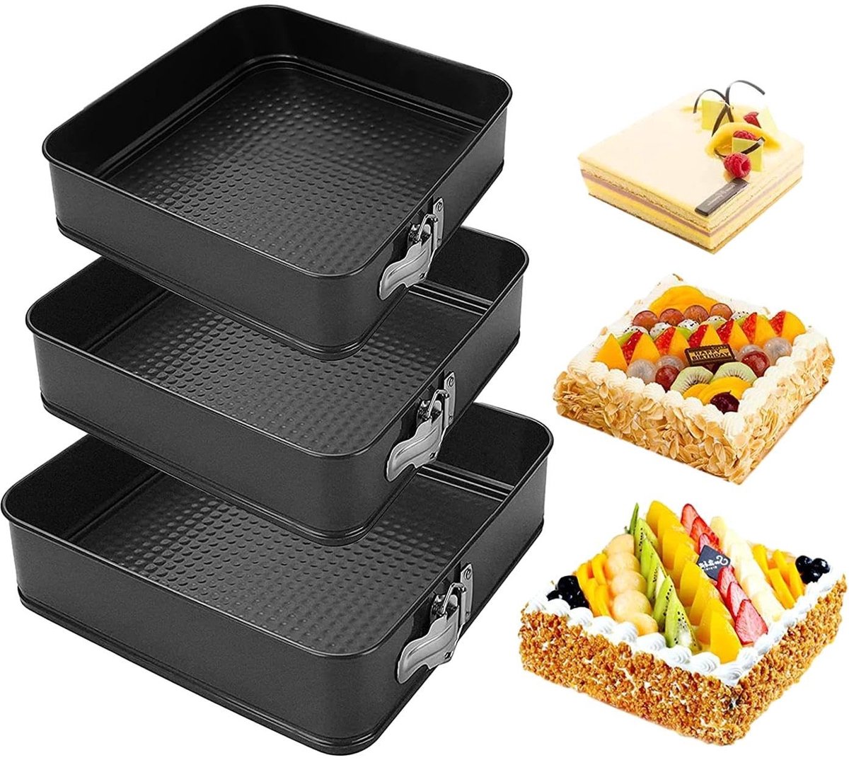 SOUQONE- Springvorm Multifunctioneel - Anti-aanbaklaag - Verwijderbare Bodem - Vierkante Bakvorm - Voor Cheesecake/Pizza - 18/20/22 cm - Taartvorm