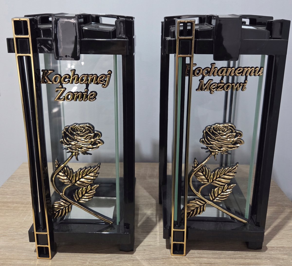 Glazen Graflicht Lantaarn Zwart met Gouden Roos 30cm