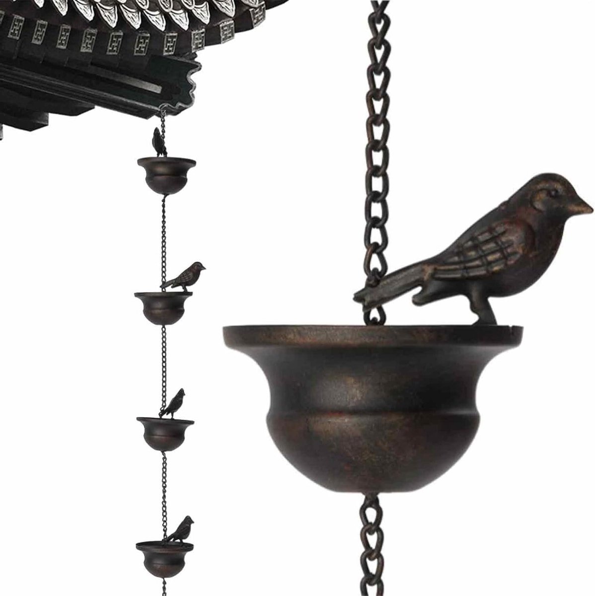 Regenketting - Hangende decoratie - Water geleiden - Met 8 vogels - 24 meter - Koper brons