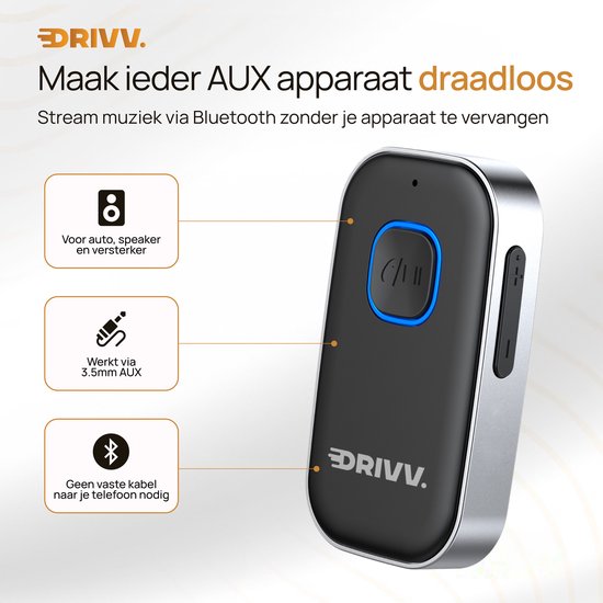 Drivv. Bluetooth Receiver - 16 uur draadloos - BT 5.0 - 3.5mm AUX - Bluetooth Ontvanger - Bluetooth Receiver Auto — afbeelding 3