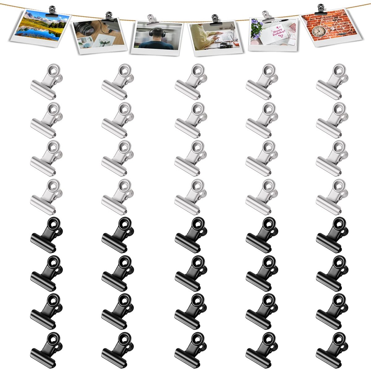 ZEYNOMAX- Bindmiddelclips 40 stuks - Mini Scharnierclips - Metalen Klemmen - Voor Voedselpakketten/Papier - Zwart/Zilver/Roségoud/Goud - Duurzaam Metaal - Papierclips