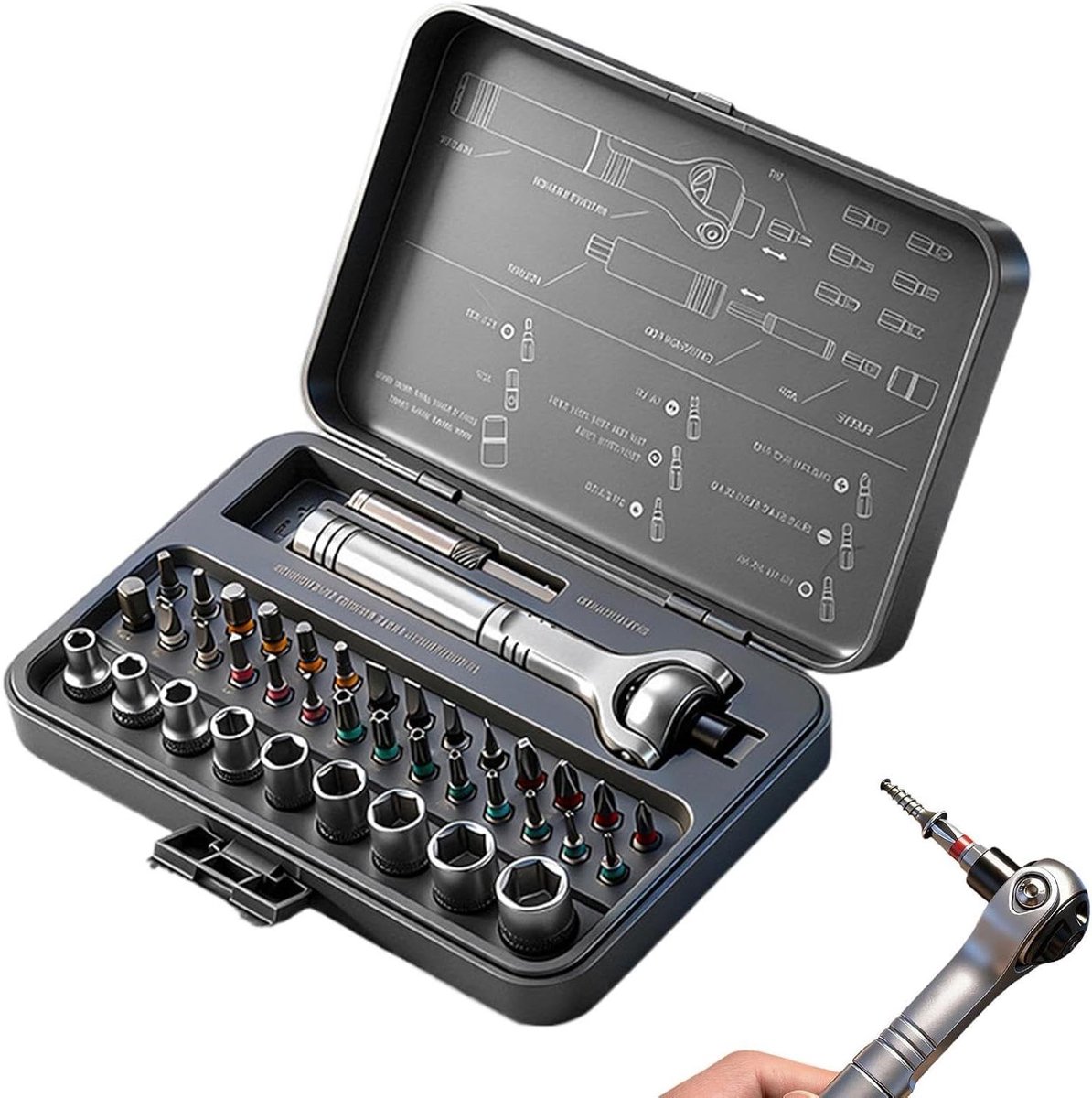 Magnetische Ratelschroevendraaier - Gereedschapsset Bits - Precisiewerk Reparatie - Afneembaar Handvat - 40 Delen - Grijs