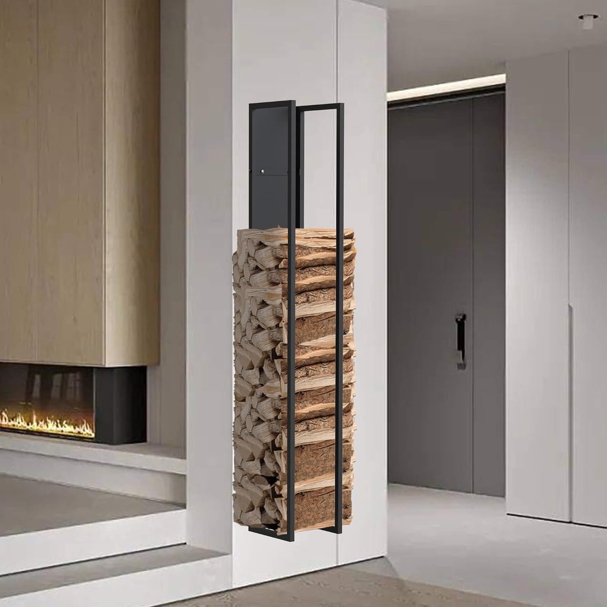 Houthaard Rek - Hout Opslag - Haardhout Houder - Met Achterwand - 160 cm Hoog - Zwart