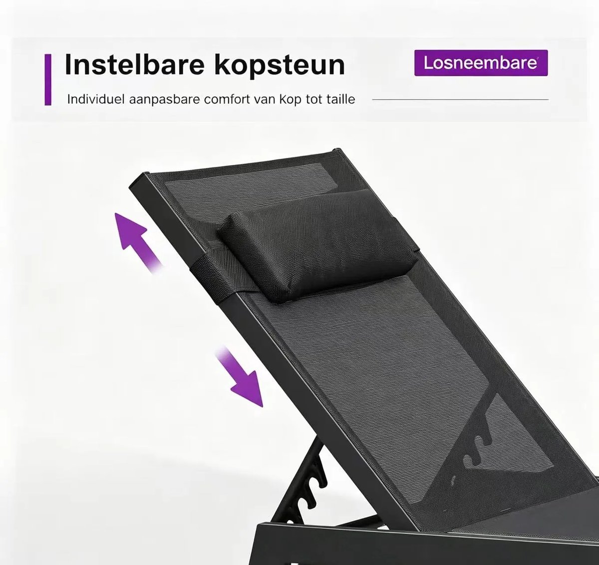 Purple Leaf Aluminium ligbedden met kussen - Set van 2 met bijzettafel - 188 cm - Grijs