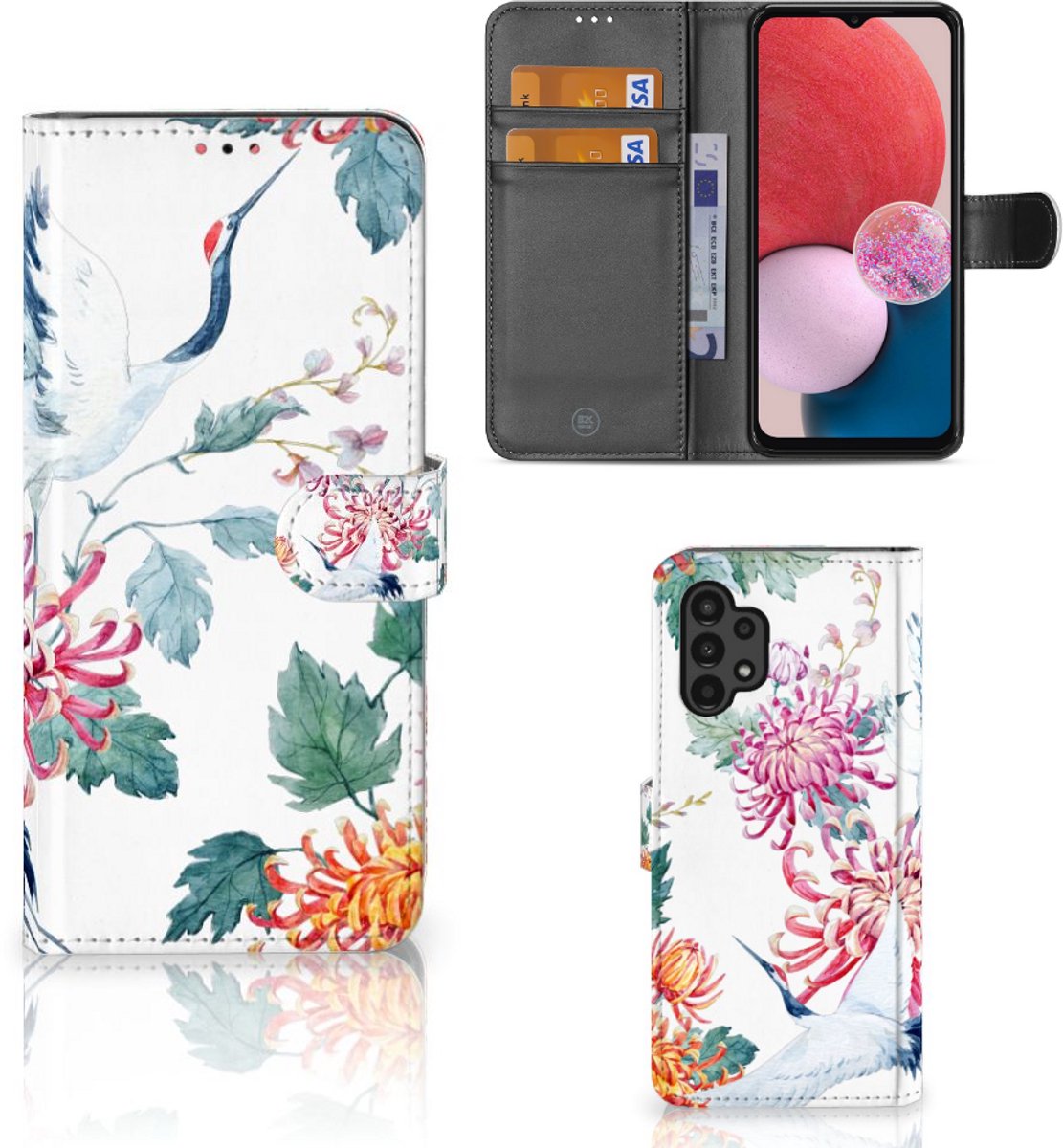 Book Case voor Samsung Galaxy A13 (4G) Telefoonhoesje met Pasjes Bird Flowers