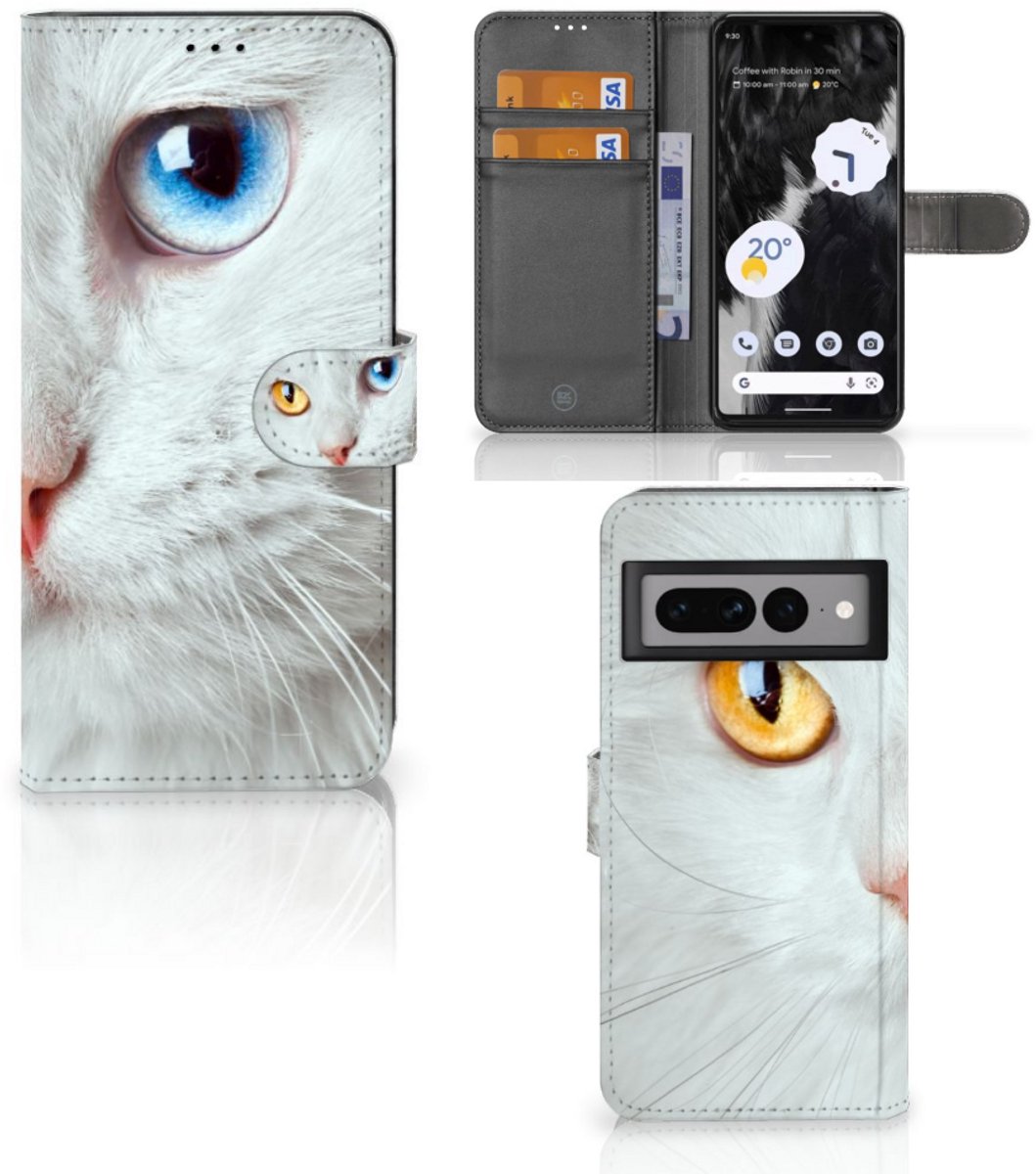 Google Pixel 7 Pro Telefoonhoesje met Pasjes Witte Kat