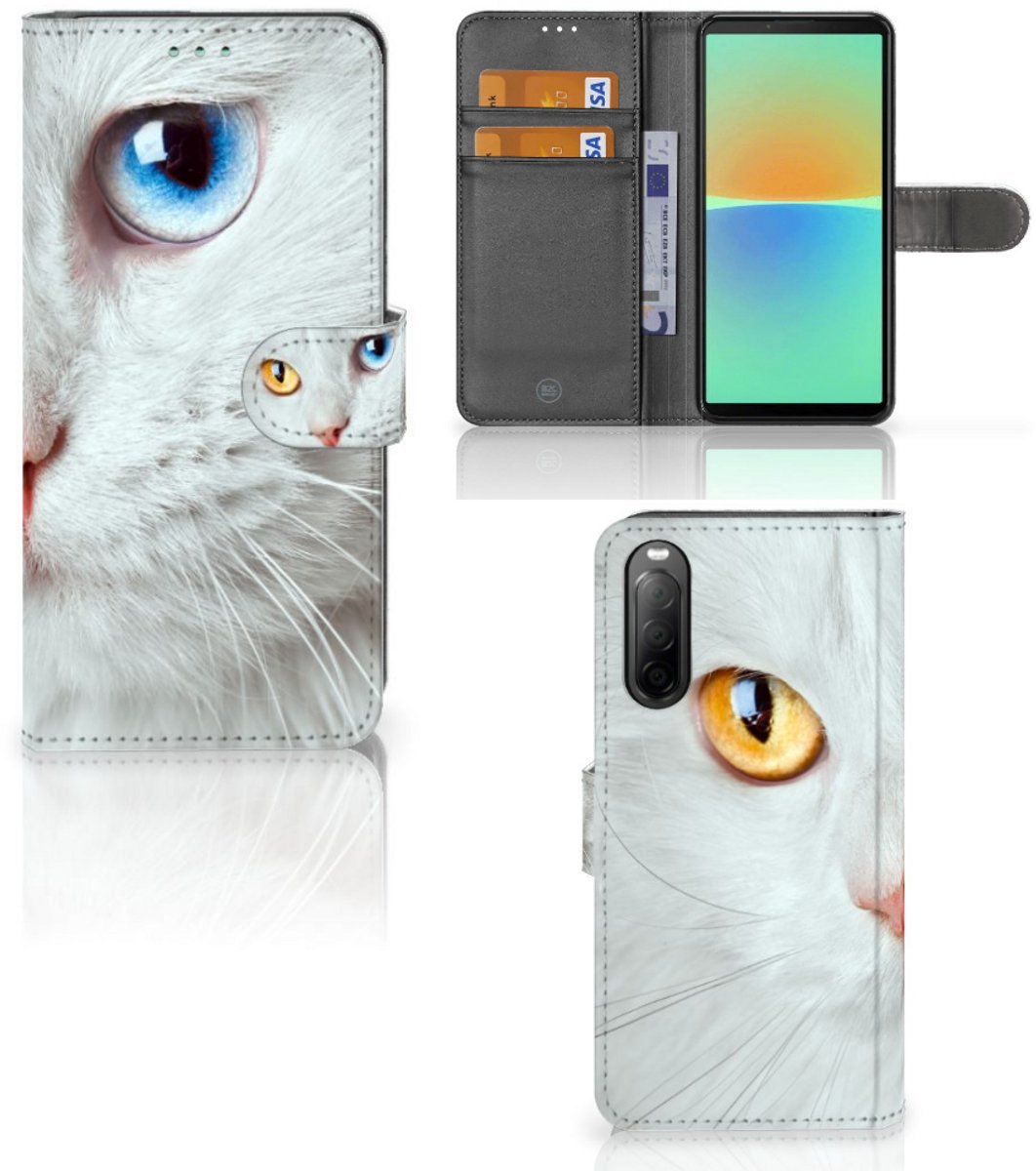 Sony Xperia 10 IV Telefoonhoesje met Pasjes Witte Kat
