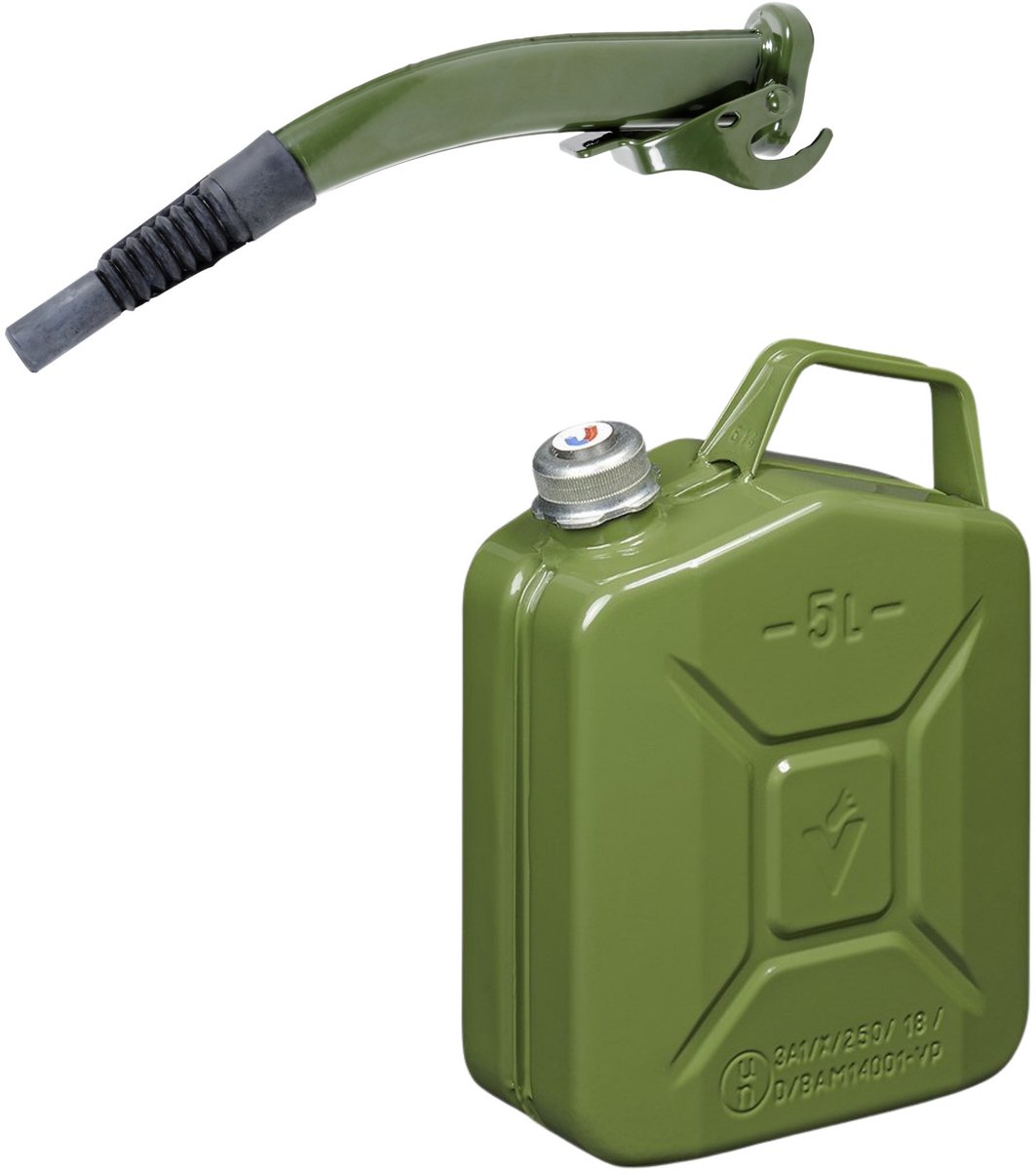 Jerrycan met schenktuit - legergroen - 5L - metaal - brandstof geschikt