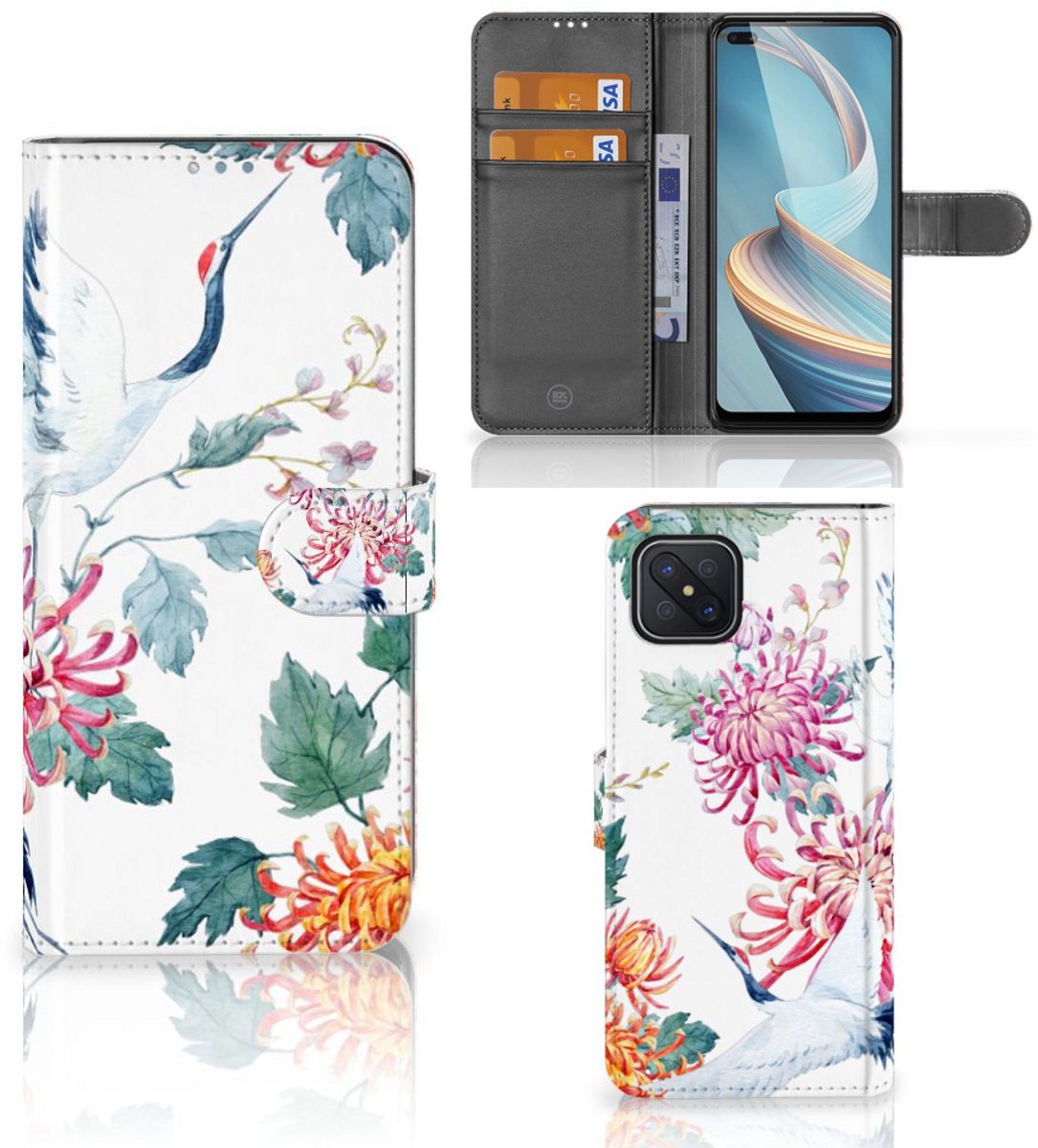 OPPO Reno4 Z Telefoonhoesje met Pasjes Bird Flowers