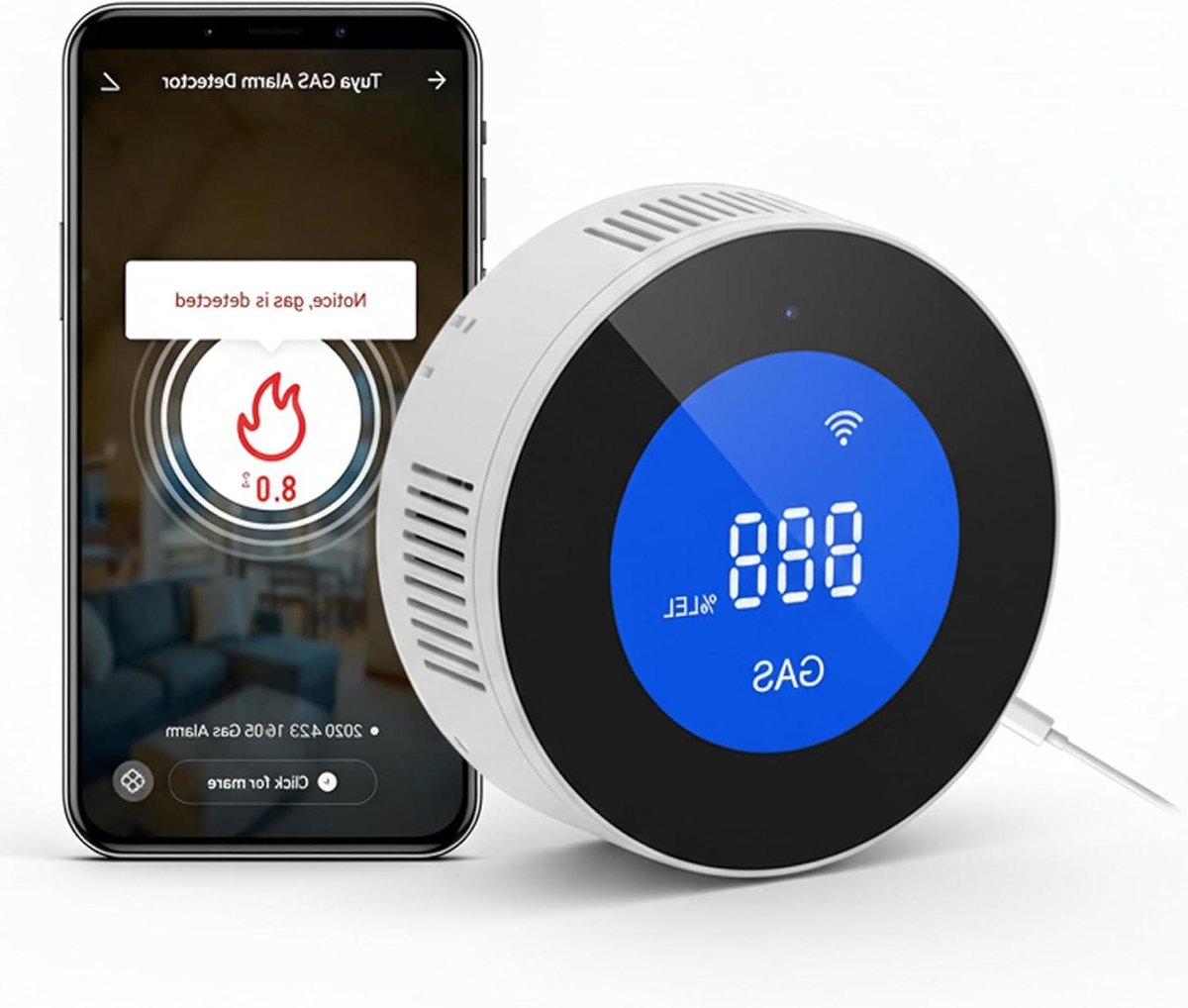 Methaangasmelder CH4 wifi met app, alarm 85 dB, lcd-display, EN 50194 gecertificeerd, compatibel met Alexa/Google Home, plafondmontage voor keuken/ketel