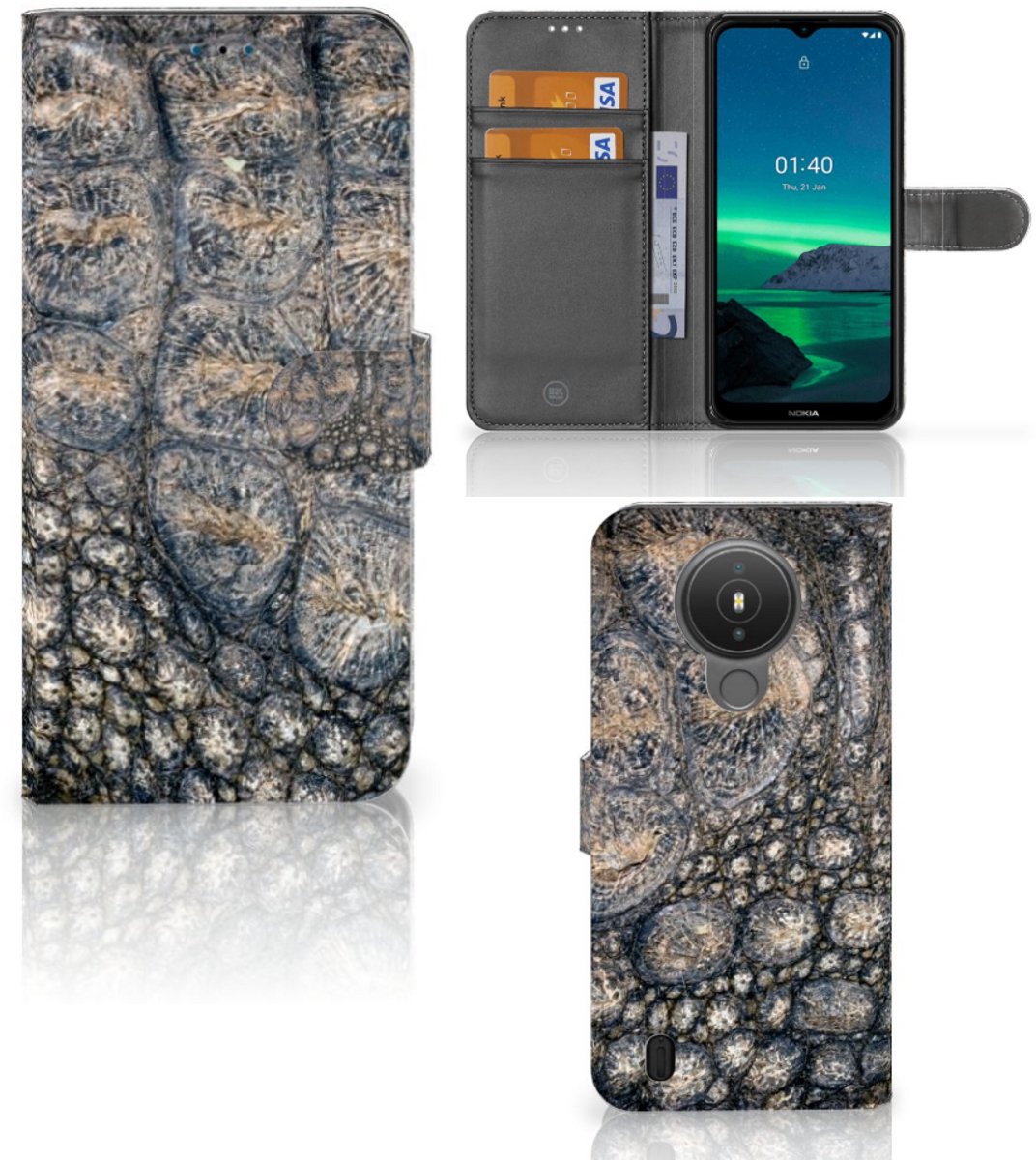 Nokia 1.4 Telefoonhoesje met Pasjes Krokodillenprint