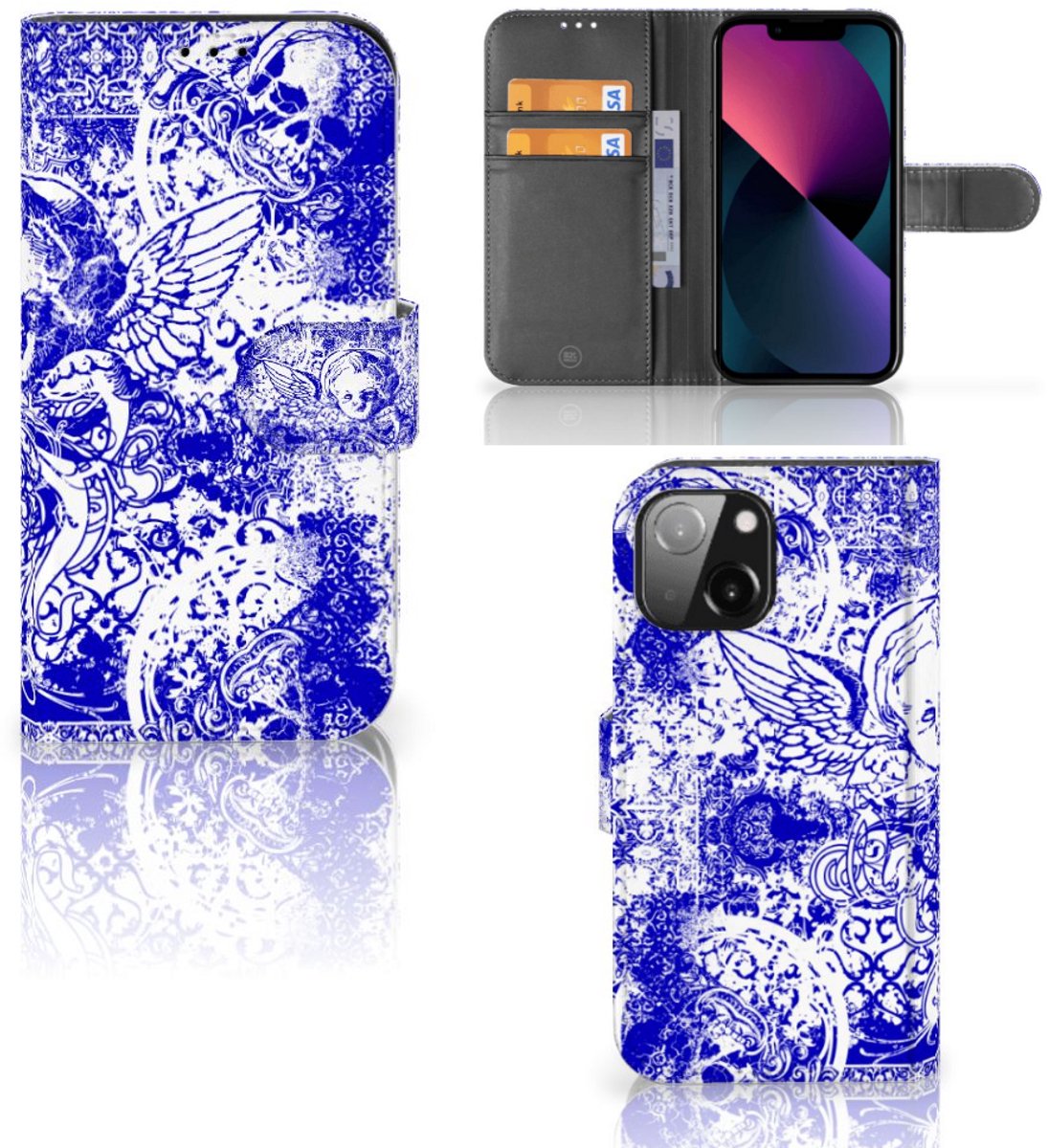 Telefoonhoesje met Naam iPhone 13 Mini Angel Skull Blauw