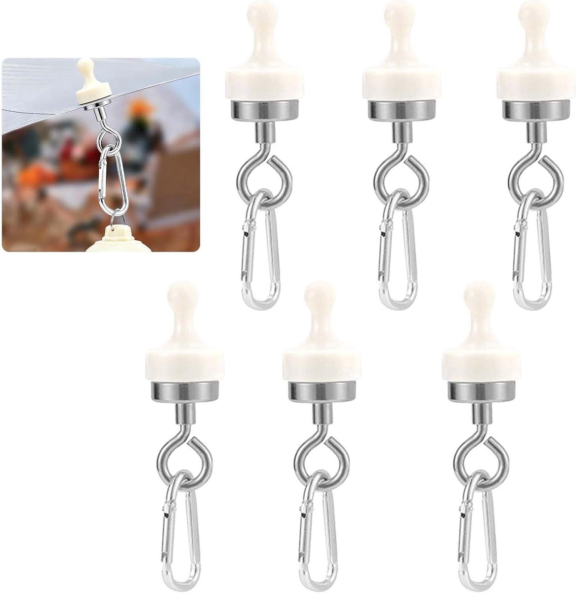 Set van 6 Sterke Magnetische Haakjes met Karabijnhaak – Ideaal voor Tent, Kamperen en Buitenactiviteiten – 2 kg Draagcapaciteit – 100x25 mm