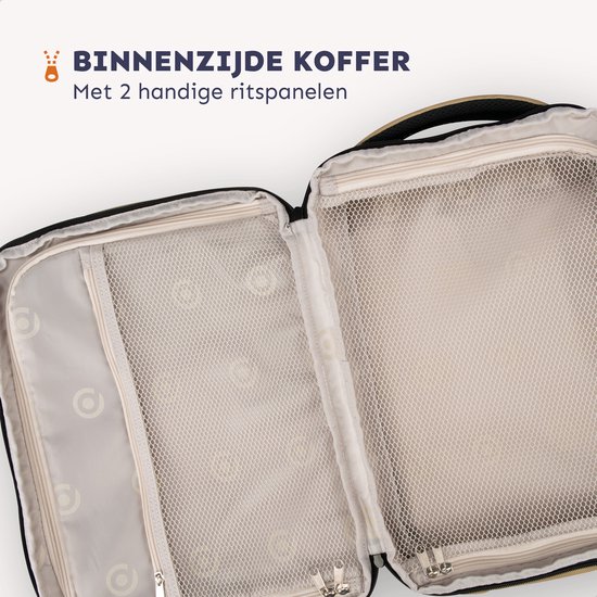 Open tas met twee mesh vakken met rits, 'Binnenzijde koffer' staat geschreven.