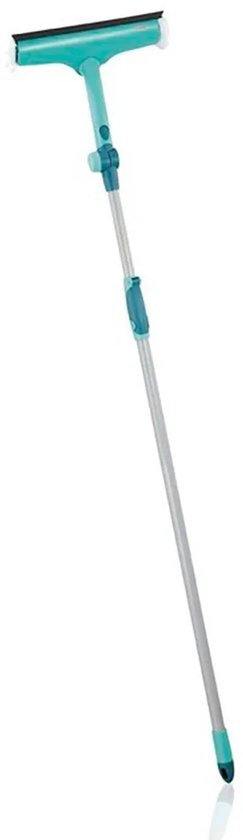 Turquoise raamwisser met uitschuifbare steel, staand op witte achtergrond.