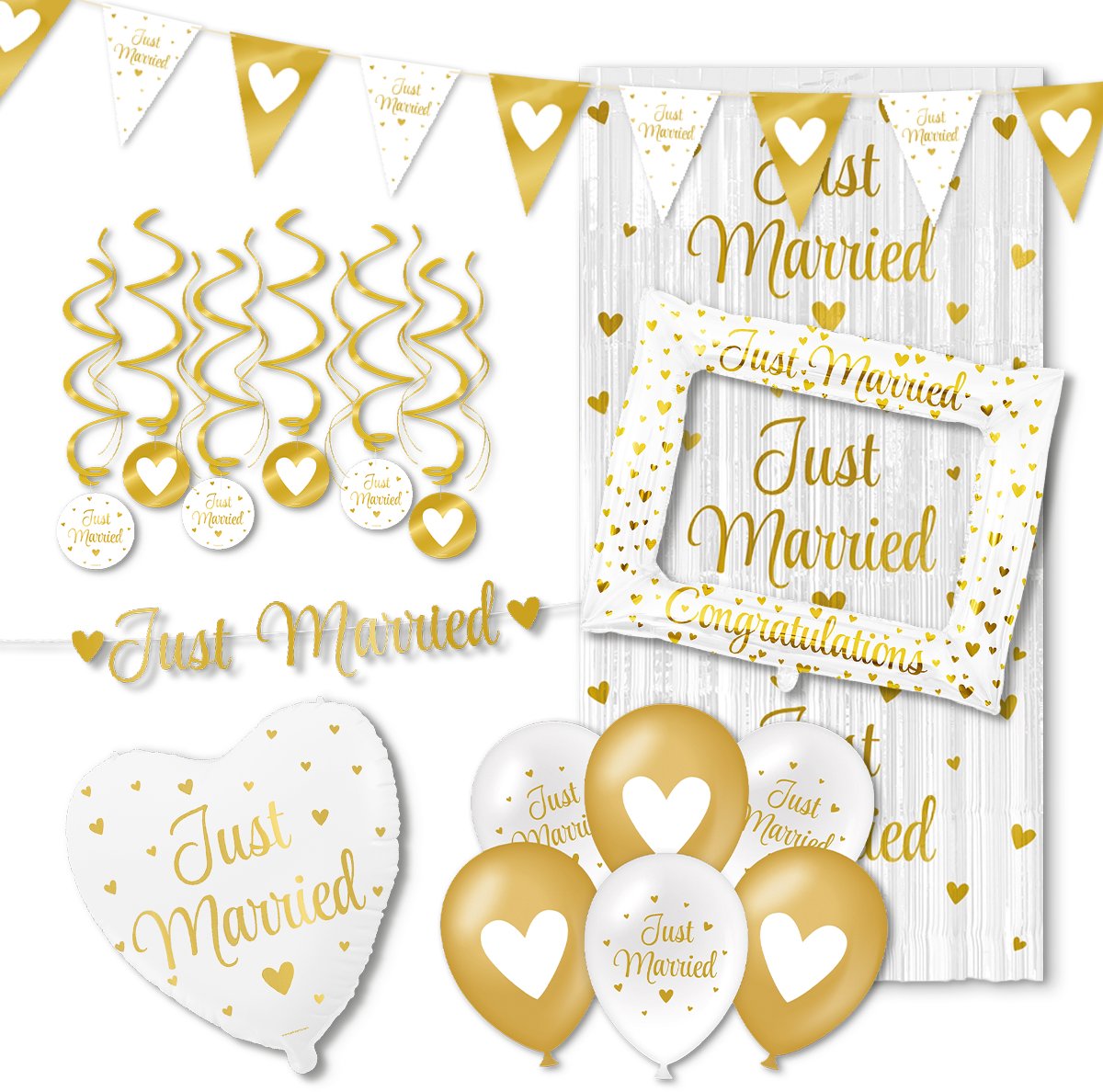 LUQ – Just Married Pakket – Wit-Goud – Luxe Wedding Decoratie Set – Feest Versiering – Complete Bundel – Bruiloft Party
