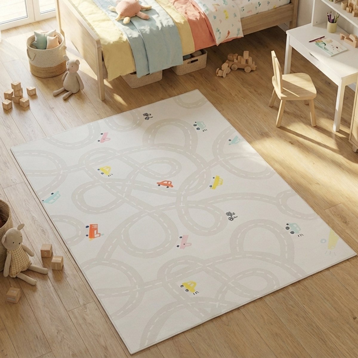 Tapiso Snooki Kindervloerkleed Speelkleed met Automotief voor Kinderkamer Beige Kindertapi