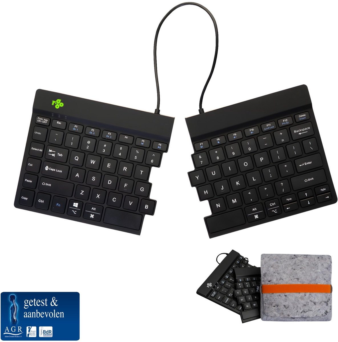 R-Go Split Break - Ergonomisch Toetsenbord & Vilten Etui - Bluetooth - Break software - QWERTY US - Draadloos - Zwart